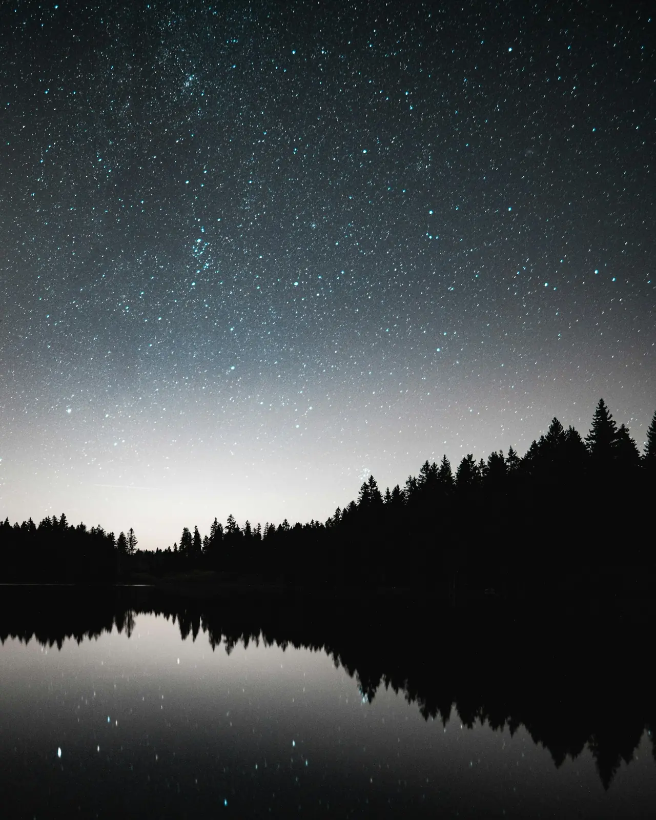 Stjärnhimmel speglad i en stilla skogssjö