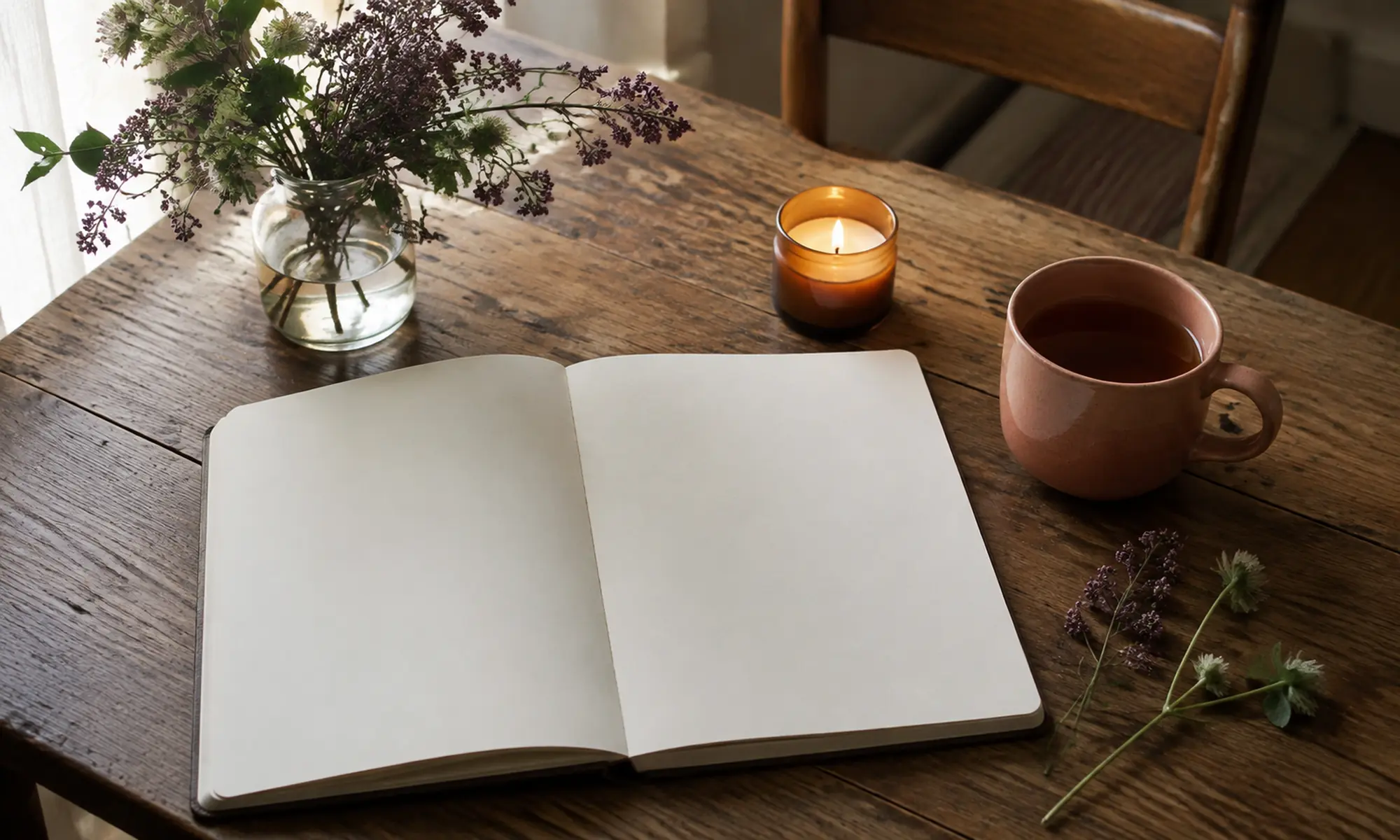 En öppen skrivbok, te, ett tänt ljus och små vilda blommor