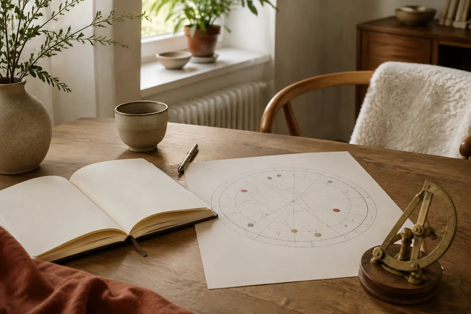 En födelsekarta, anteckningsbok och ett astronomiskt instrument på ett varmt träbord