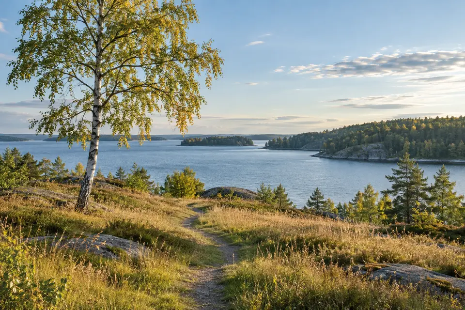 En stig vid en björk öppnar sig mot sjö och skog i eftermiddagsljus.