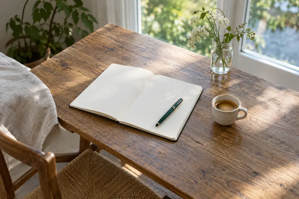 En öppen skrivbok, kaffe och vita blommor i mjukt morgonljus.
