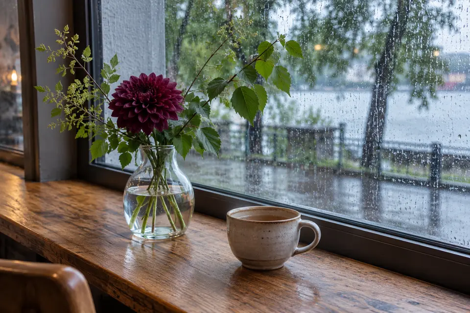 En plommonfärgad blomma och en kopp te vid ett regnigt kaféfönster.