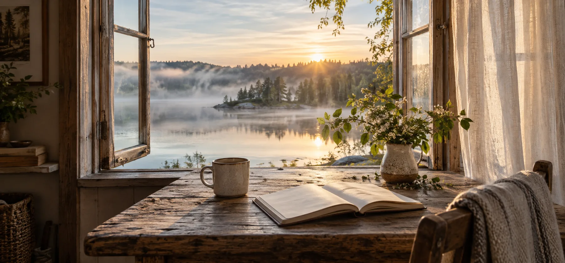 Ett öppet fönster mot en sjö i morgonljus, med en kopp, en skrivbok och en kvist på träbordet.