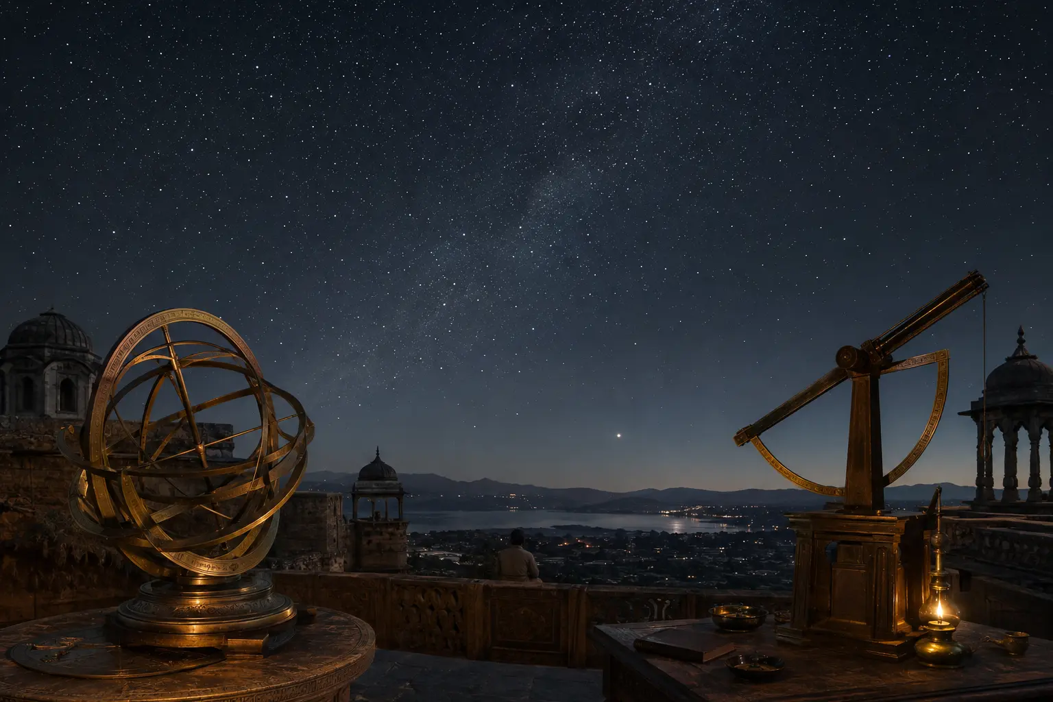 Historiska himmelsinstrument under en vid stjärnhimmel.