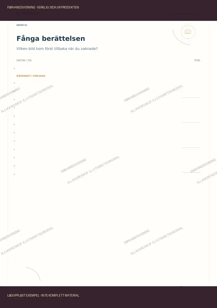 Exempel på skrivsida ur Drömarkivet, märkt förhandsvisning