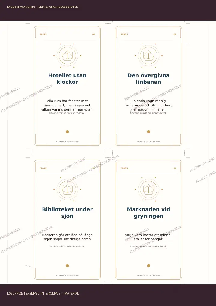 Exempel på kortark ur Nattens berättelser, märkt förhandsvisning