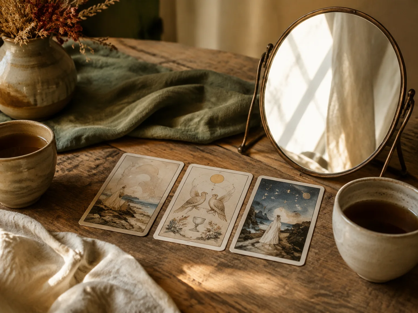 Tre tarotkort mellan två koppar och en spegel med mjukt fönsterljus