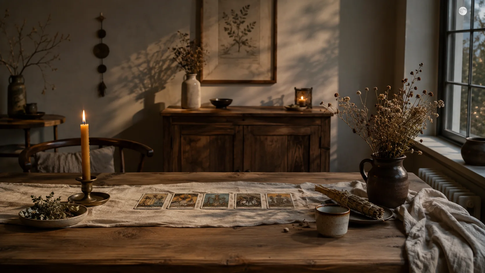Ett varmt nordiskt tarotsrum med fem kort på ett stort träbord