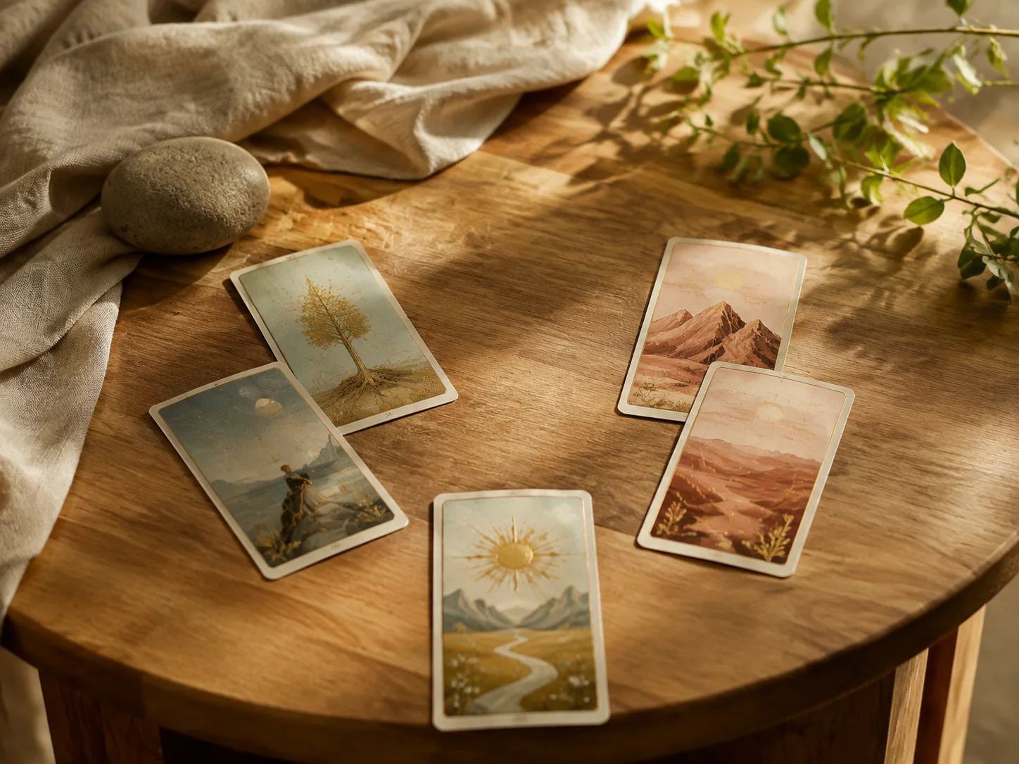 Fem tarotkort ligger som två möjliga vägar på ett varmt träbord